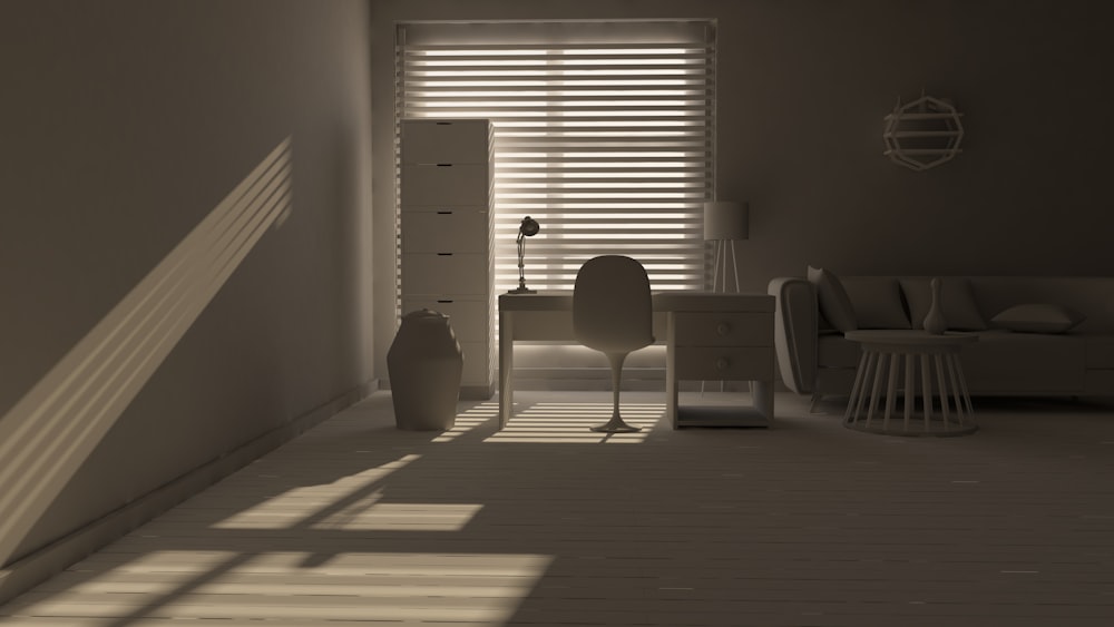 a room with a chair, desk and a window with blinds