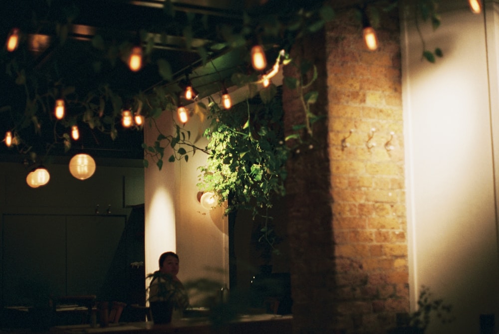 a man standing in a room under a tree