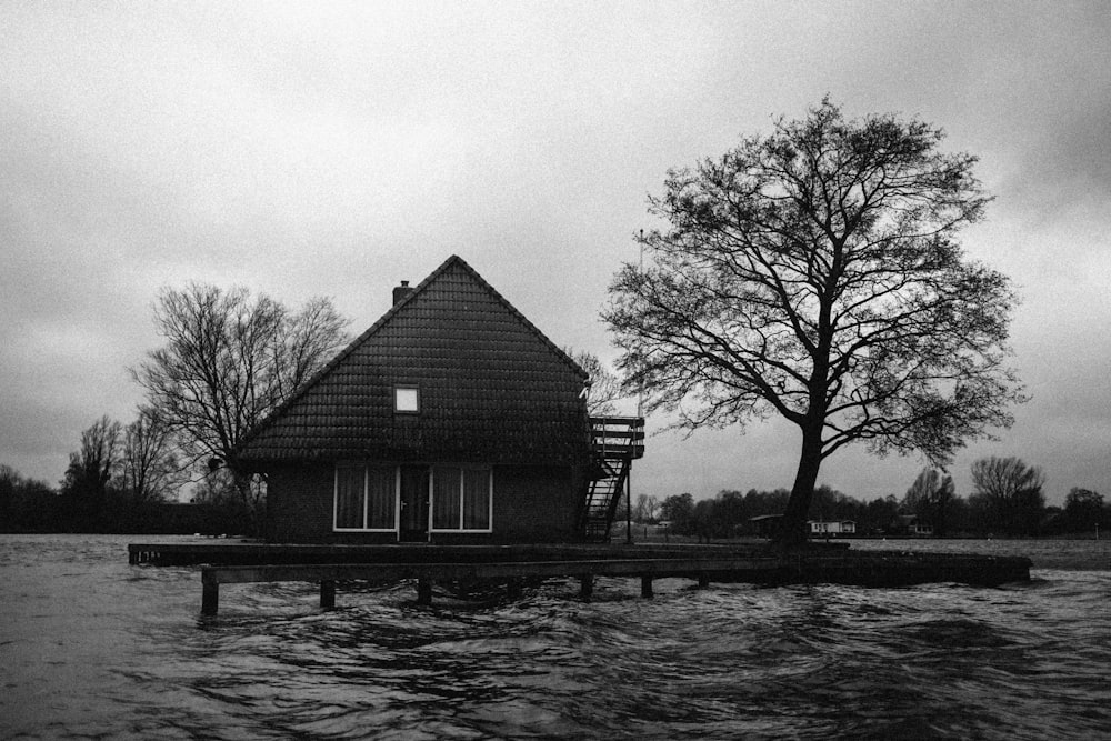a black and white photo of a house on a dock
