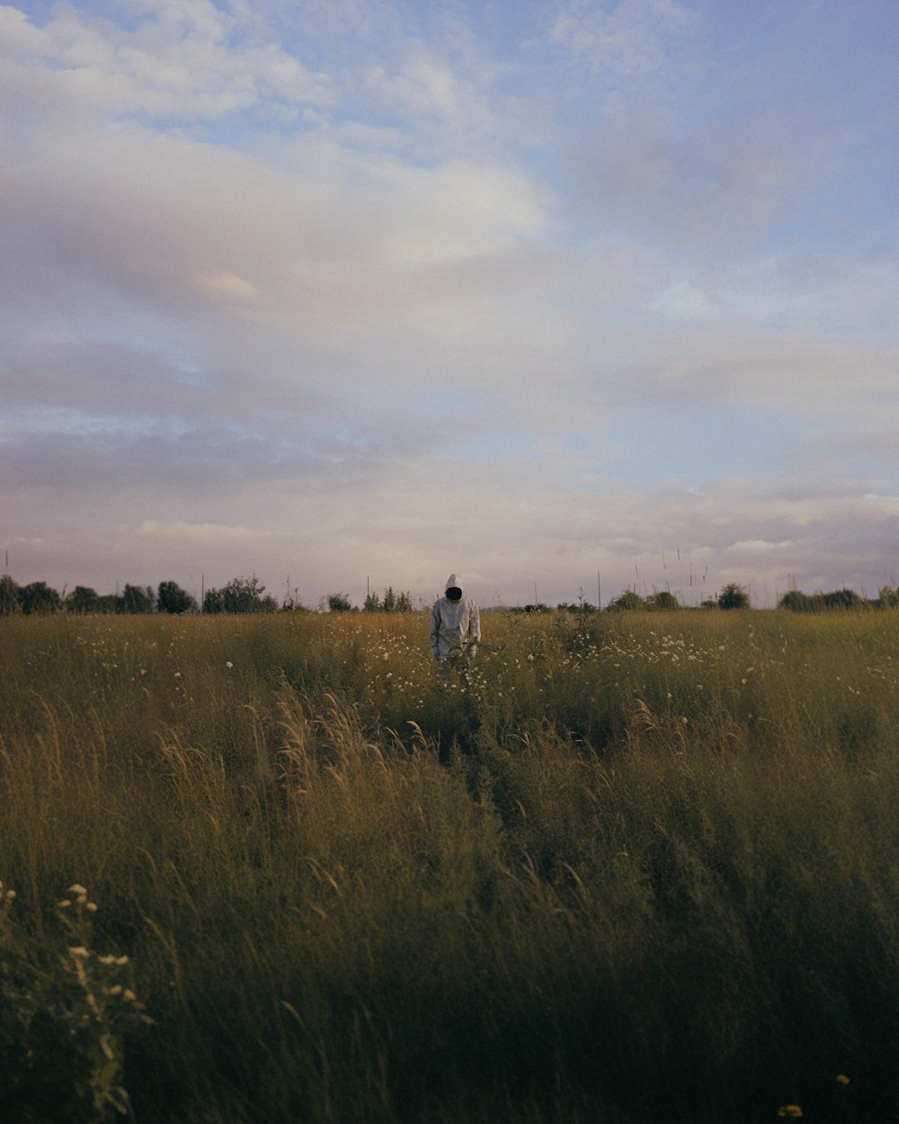 Ein Mann steht in einem Feld mit hohem Gras