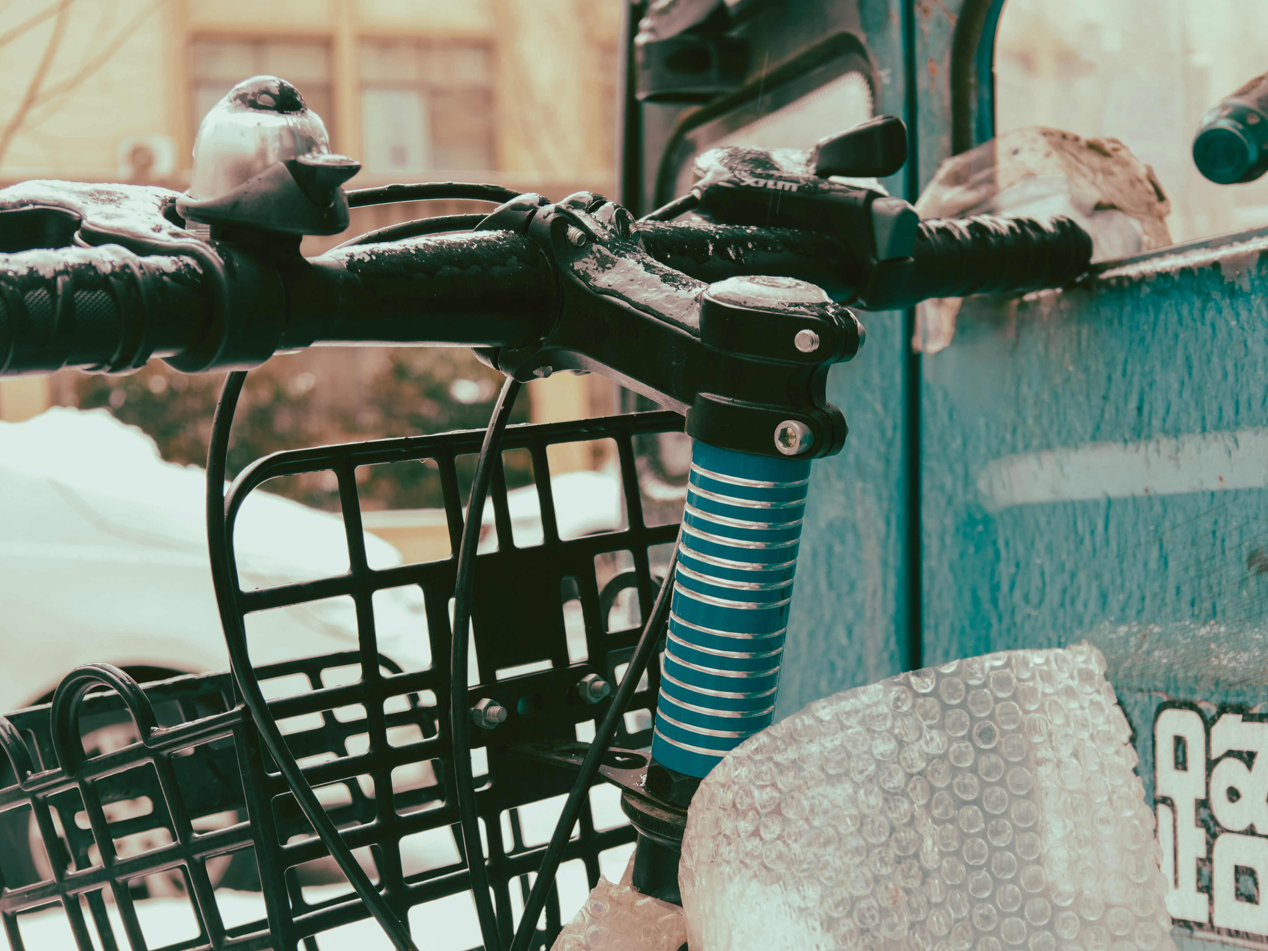 a close up of a bicycle with a basket