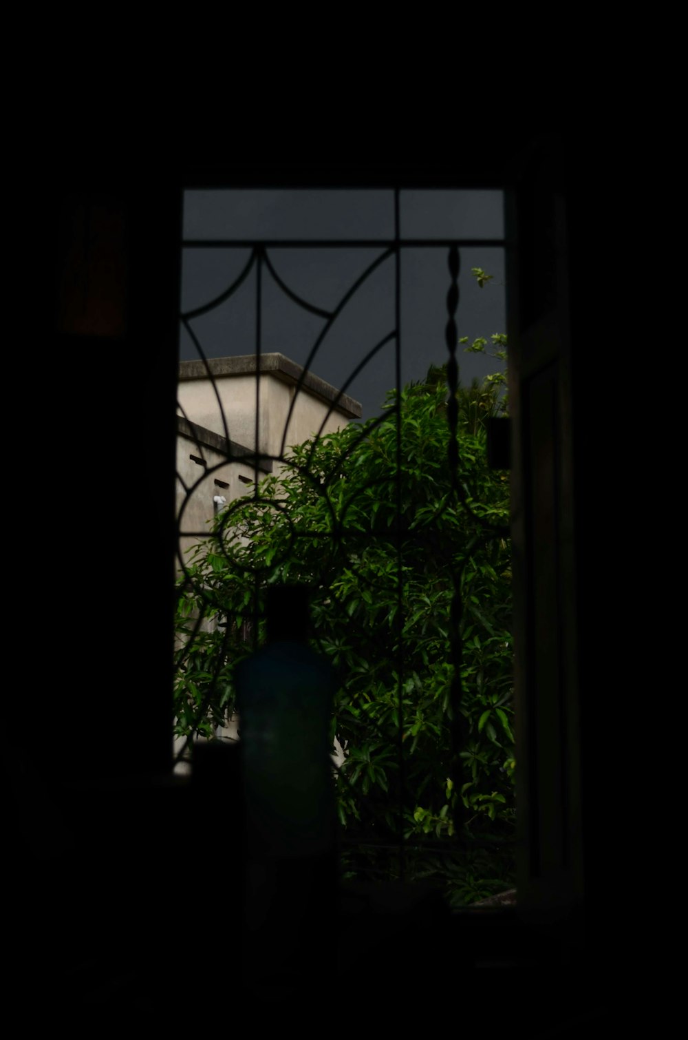 a view of a house through a window at night