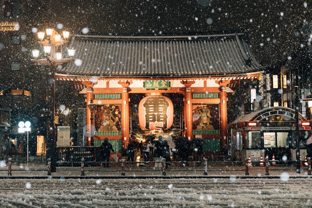 a snowy night in a small asian town