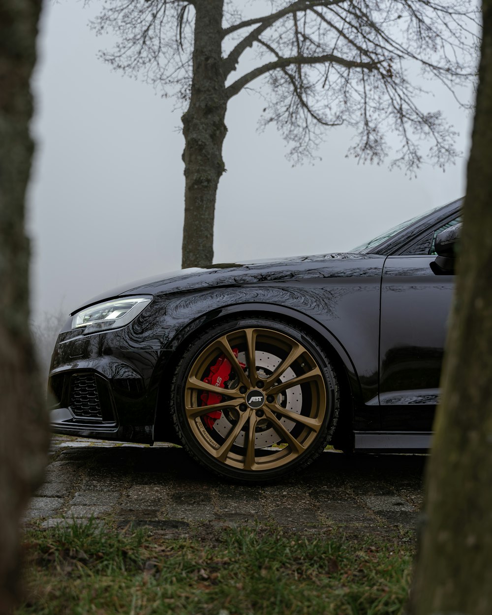 a black car parked in front of a tree