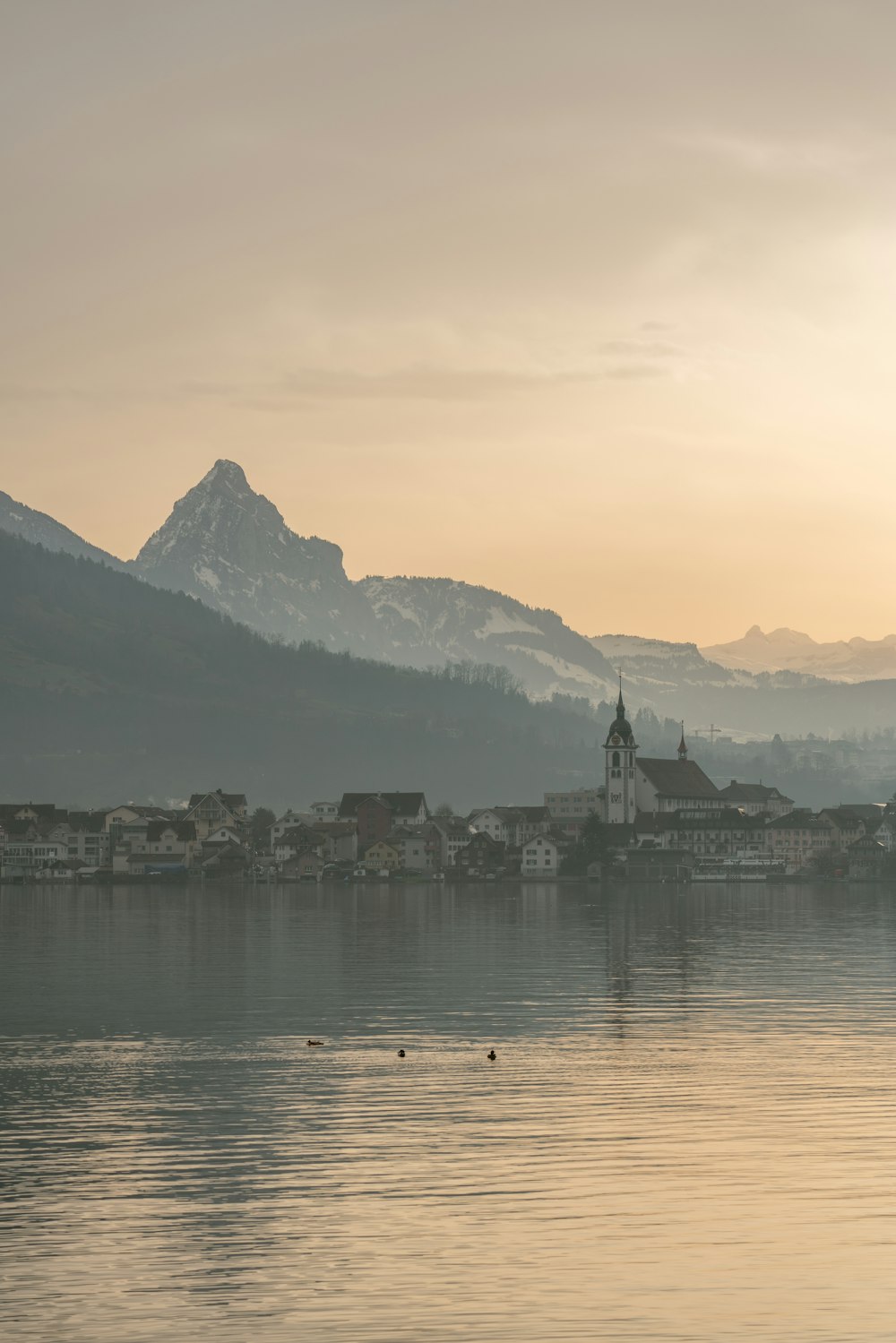 ein Gewässer mit einer kleinen Stadt im Hintergrund