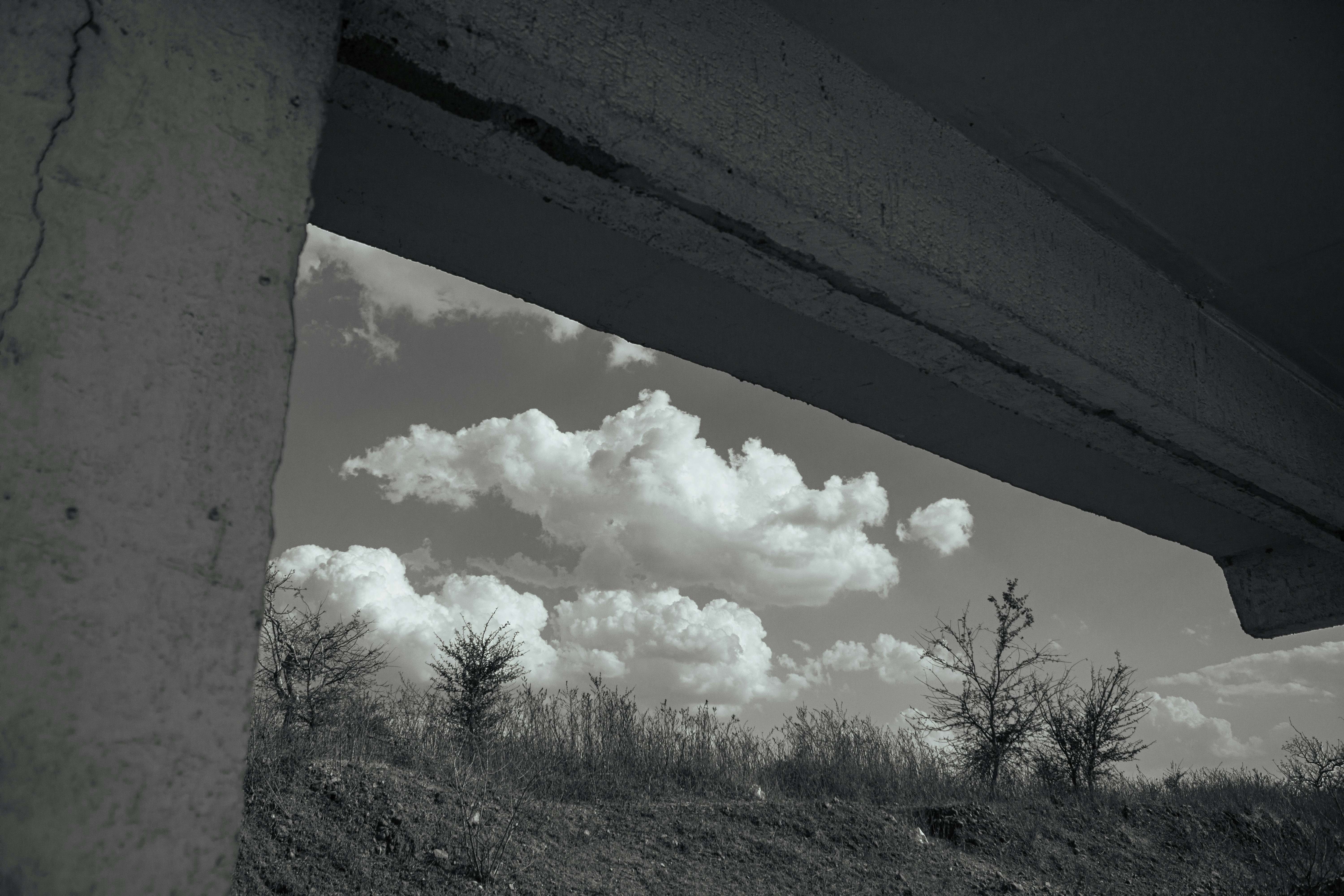 une photo en noir et blanc de nuages au-dessus d’un champ