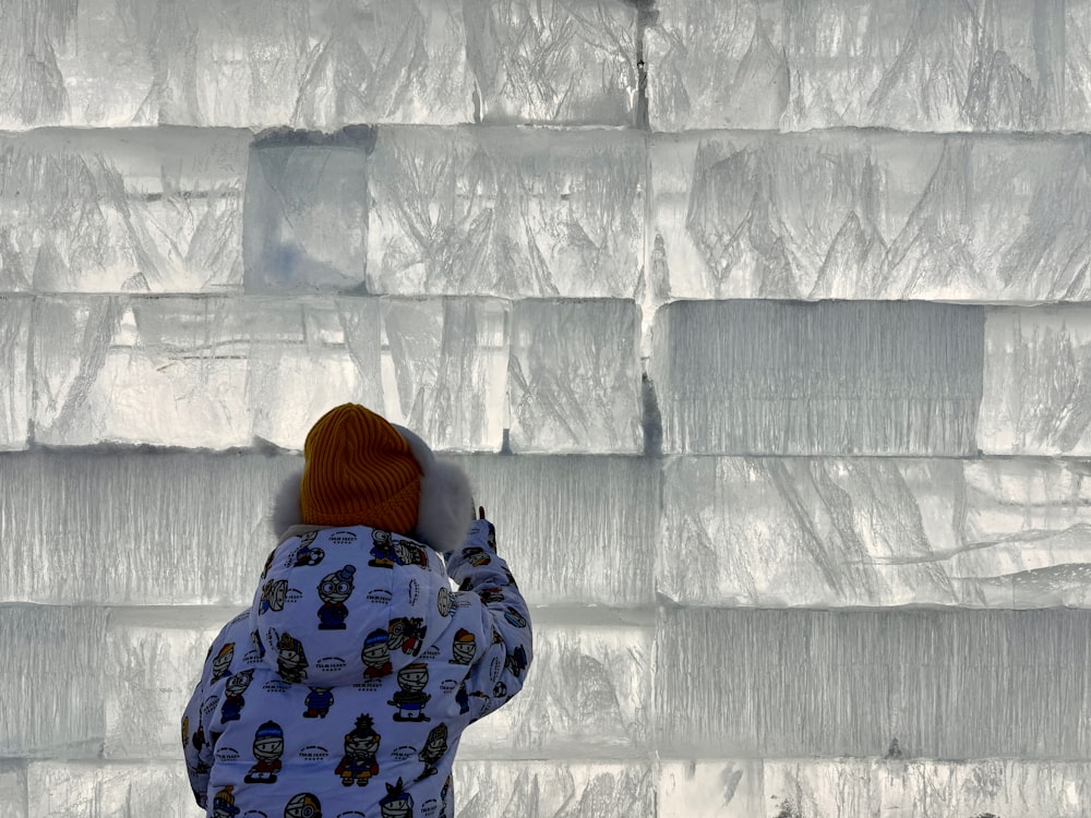 a person standing in front of a wall of ice