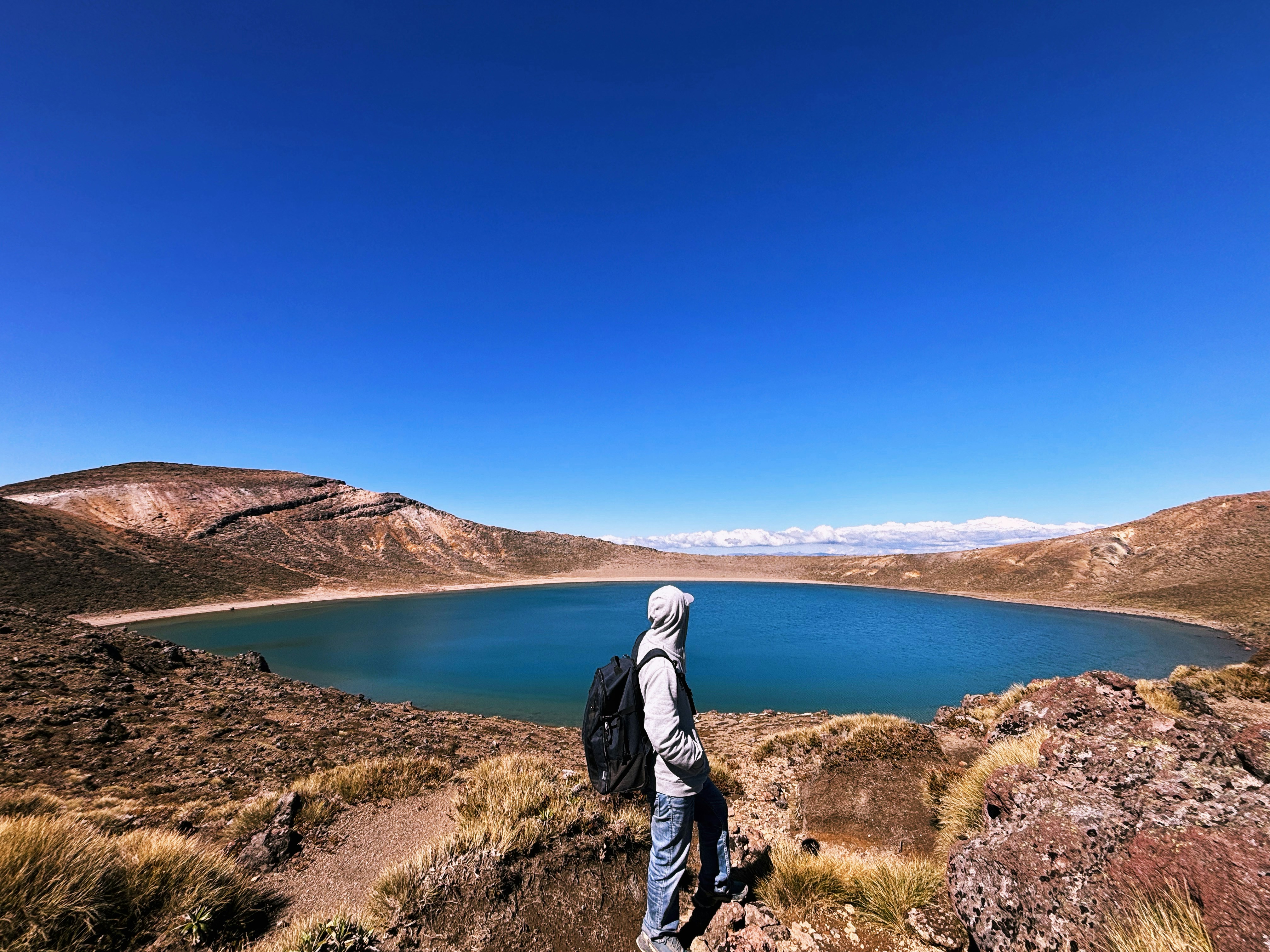 丘の上に立って湖を眺める人