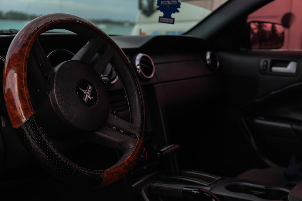 a close up of a steering wheel in a vehicle