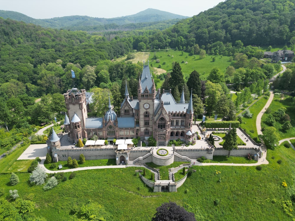 an aerial view of a castle in the middle of a forest