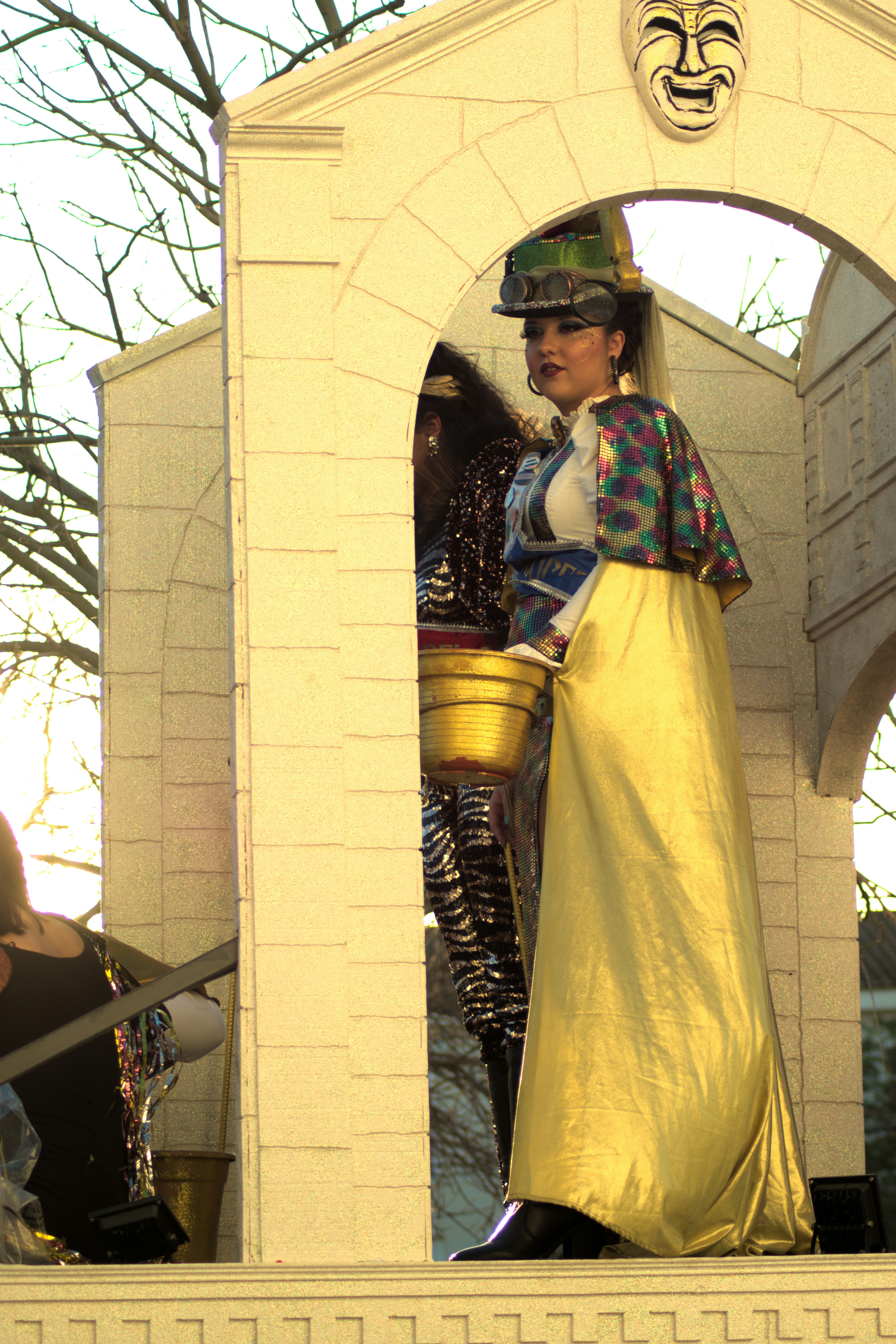 A vibrant fashion ensemble with bold, colorful clothing