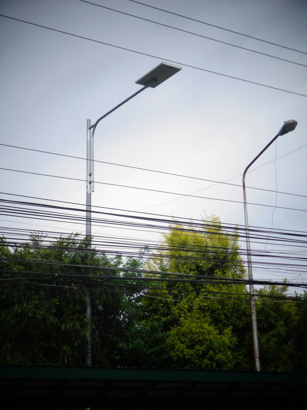 a street light and some power lines and trees