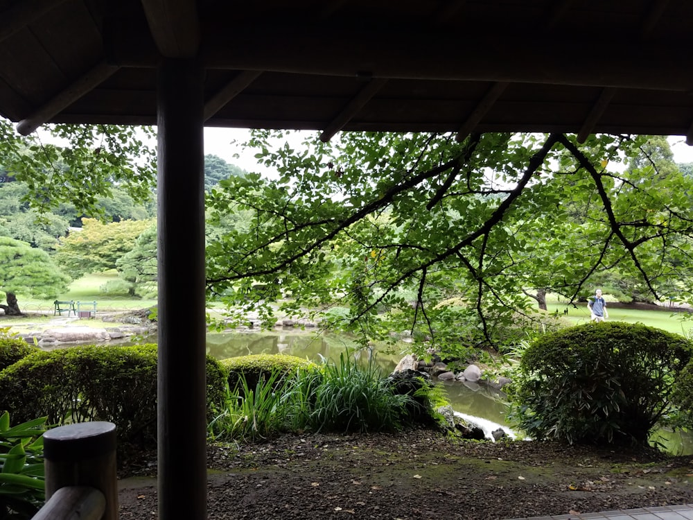 a view of a pond through a gazebo