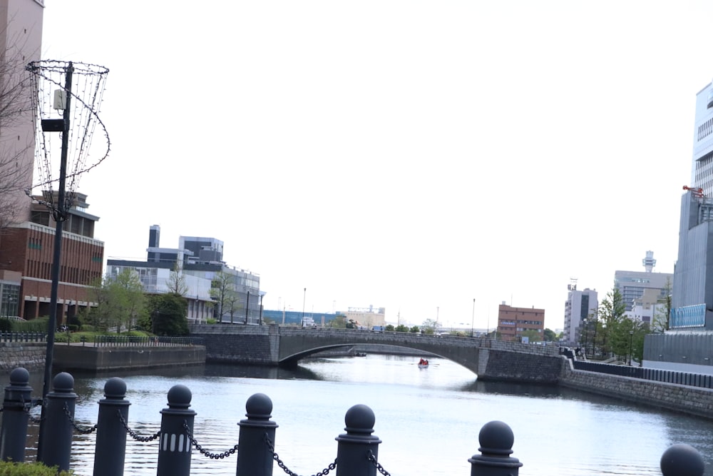 a bridge over a river next to tall buildings