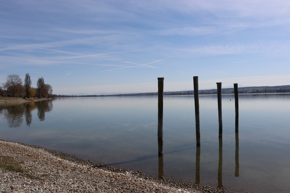 a body of water that has some poles sticking out of it