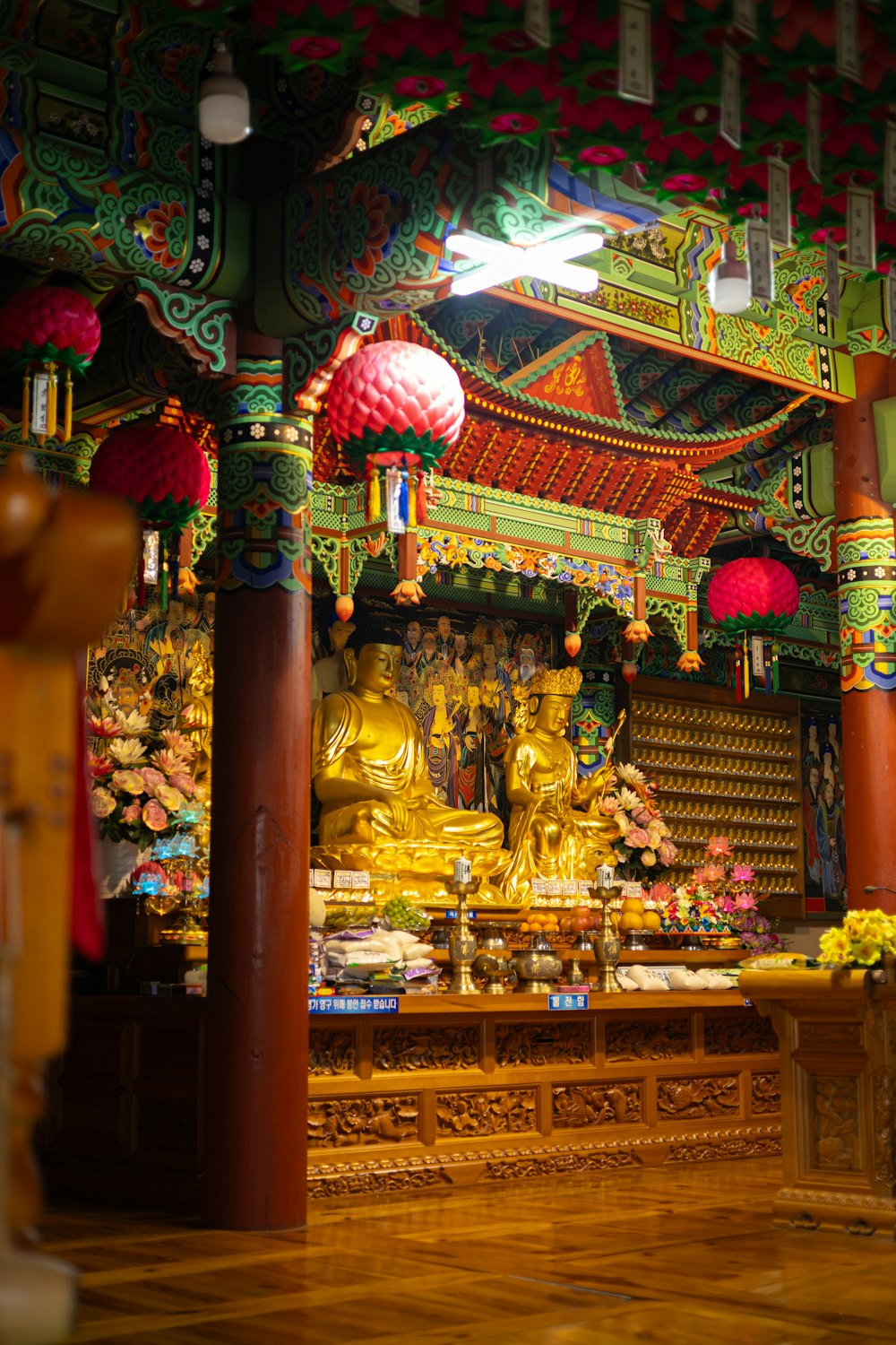 a temple with a lot of decorations and lights