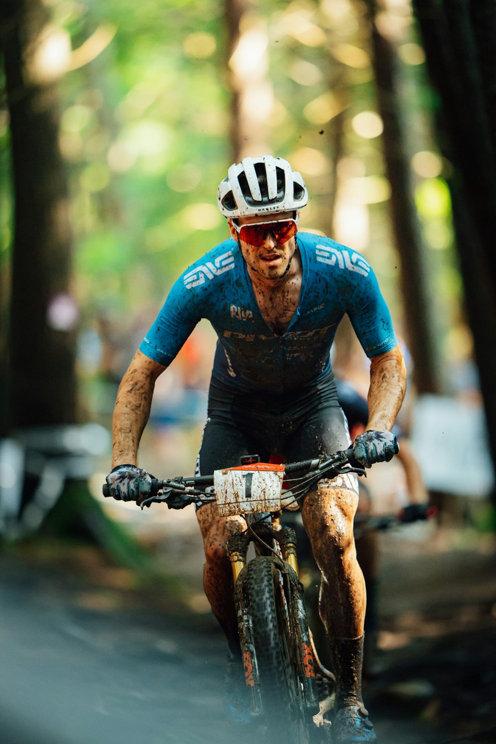 a man riding a bike through a forest filled with trees