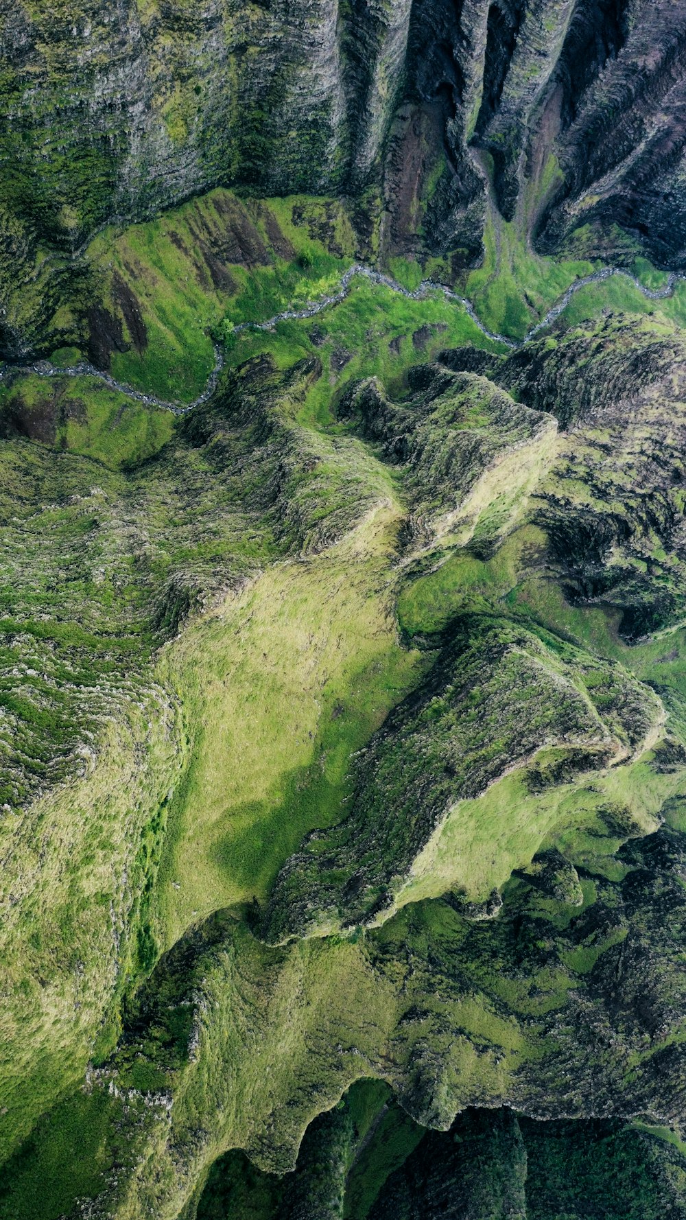 an aerial view of a lush green valley