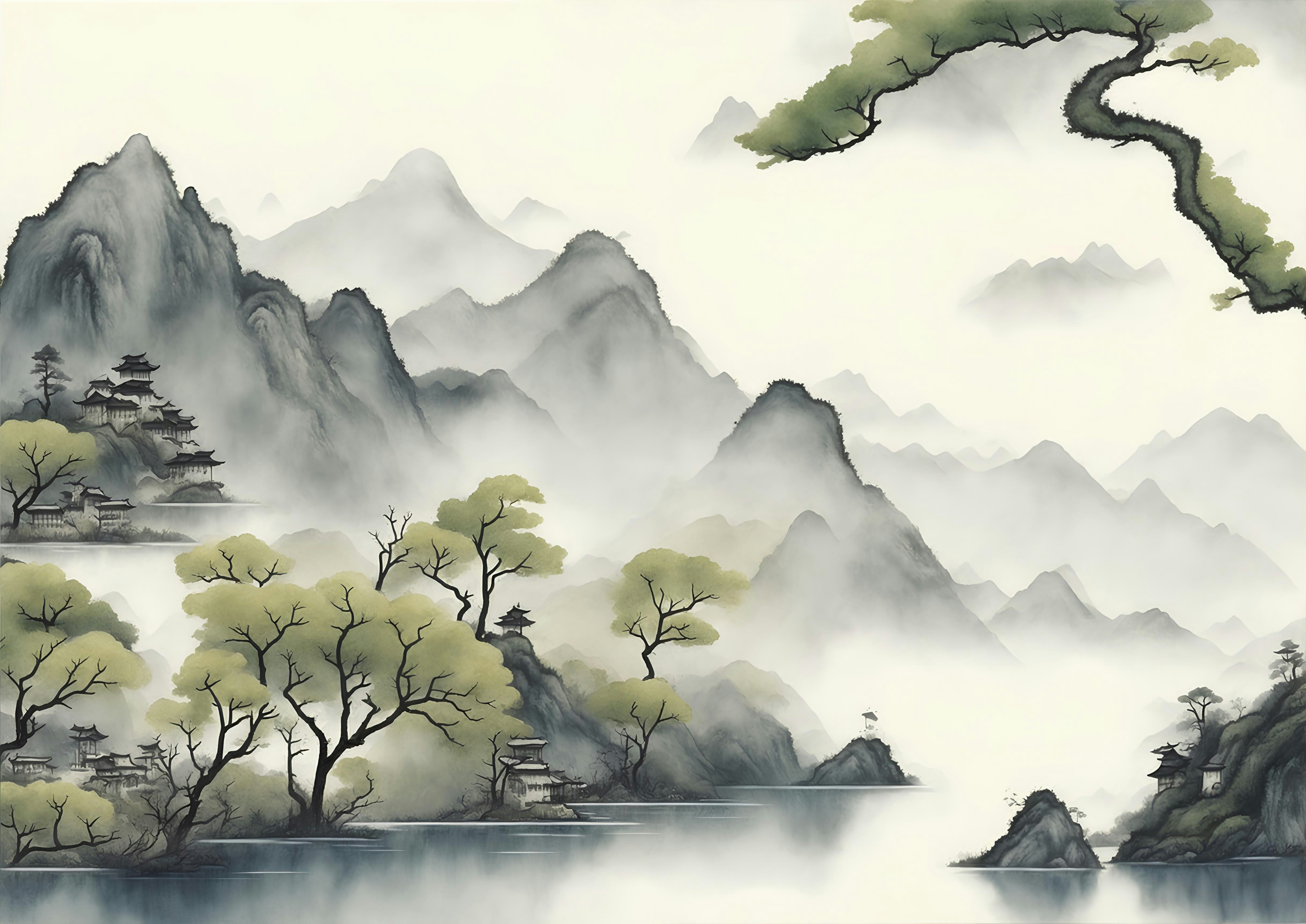 Japanese castle in misty mountains, cherry blossom trees, dramatic foggy atmosphere, ancient architecture