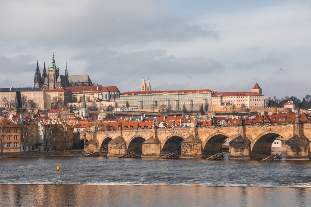 a bridge over a body of water with a castle in the background