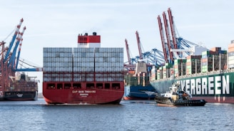 a large cargo ship in a harbor with other ships in the background