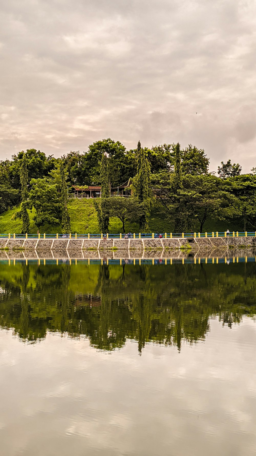 a bridge over a body of water with trees in the background
