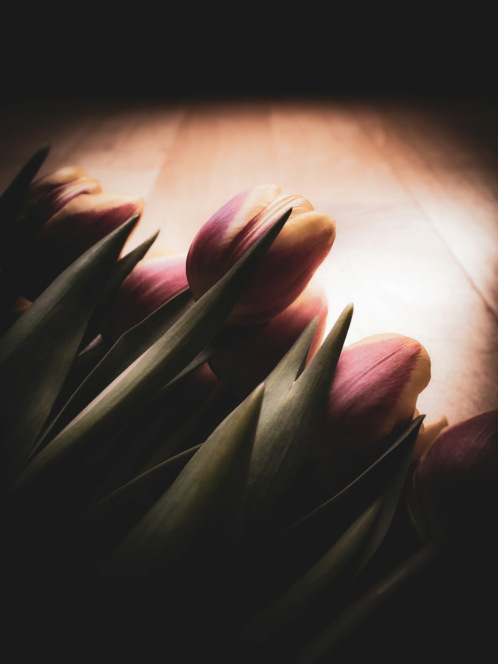 a group of tulips sitting on top of a wooden table