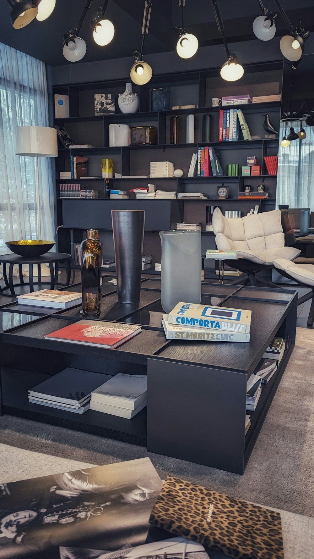 a living room filled with furniture and a book shelf