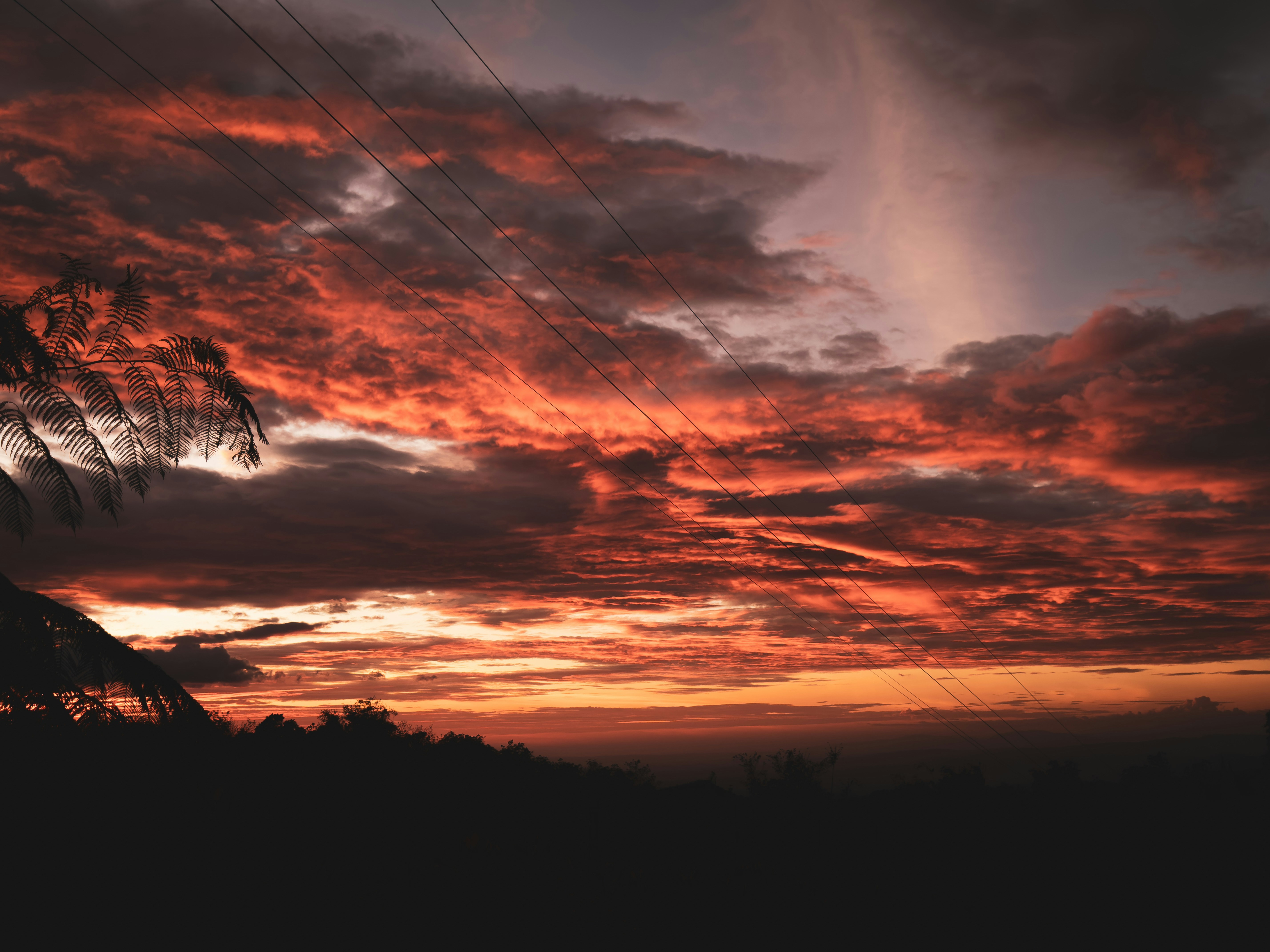 a sunset with clouds and power lines in the foreground