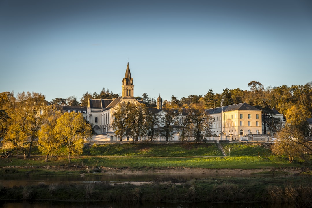 a large building with a clock tower on top of it, Sur les bords de Loire