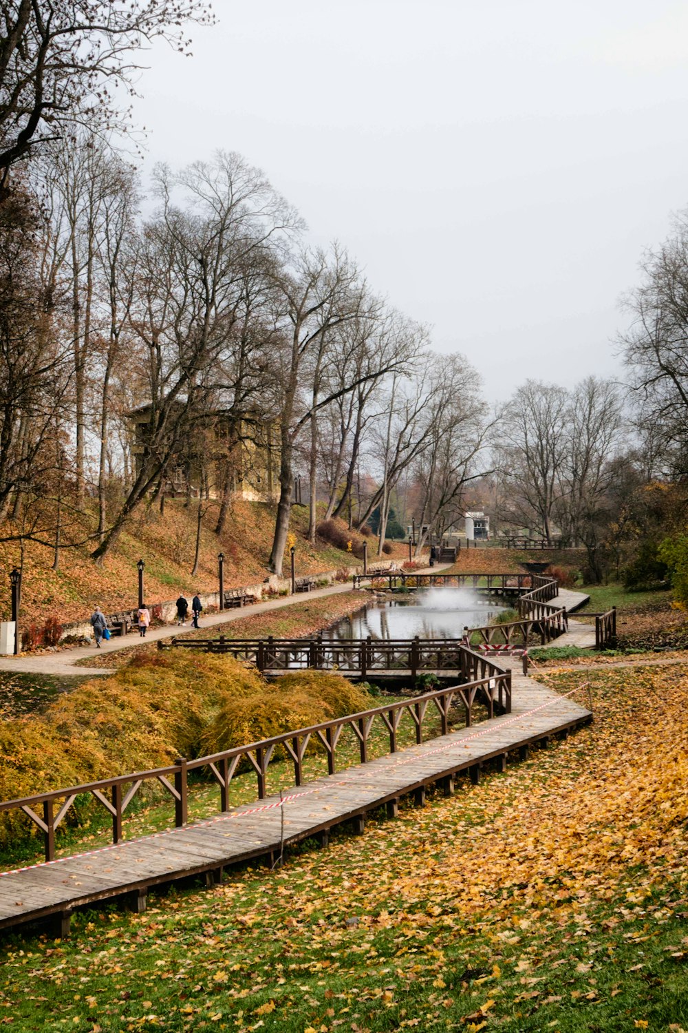 a wooden walkway leading to a lake surrounded by trees