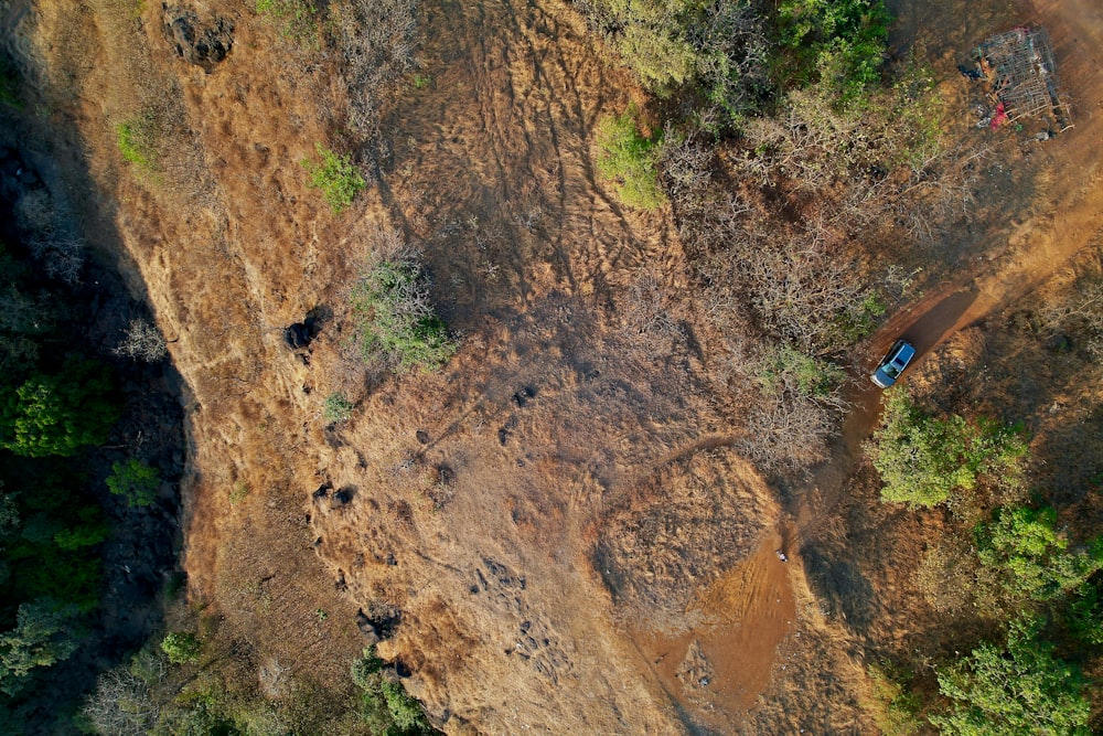 an aerial view of a dirt field and trees