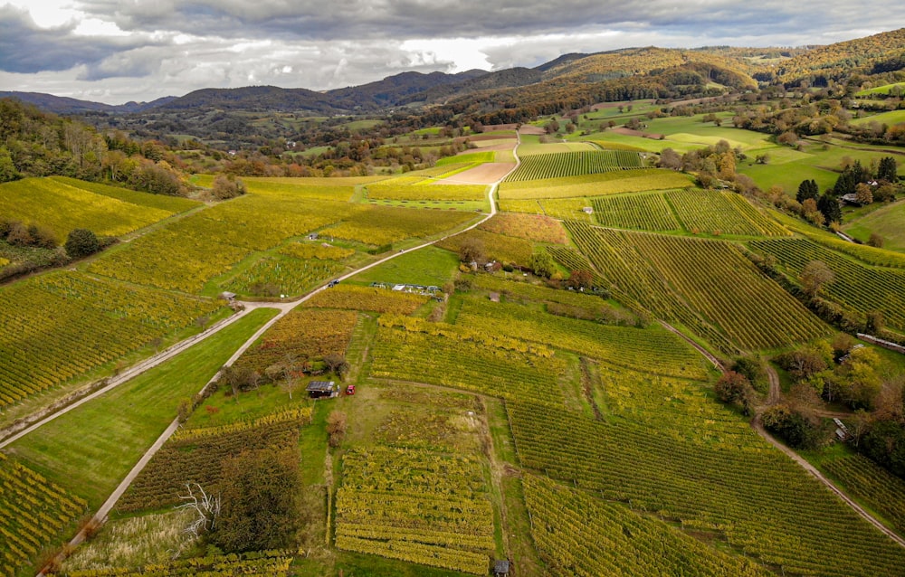 an aerial view of a farm land in the mountains