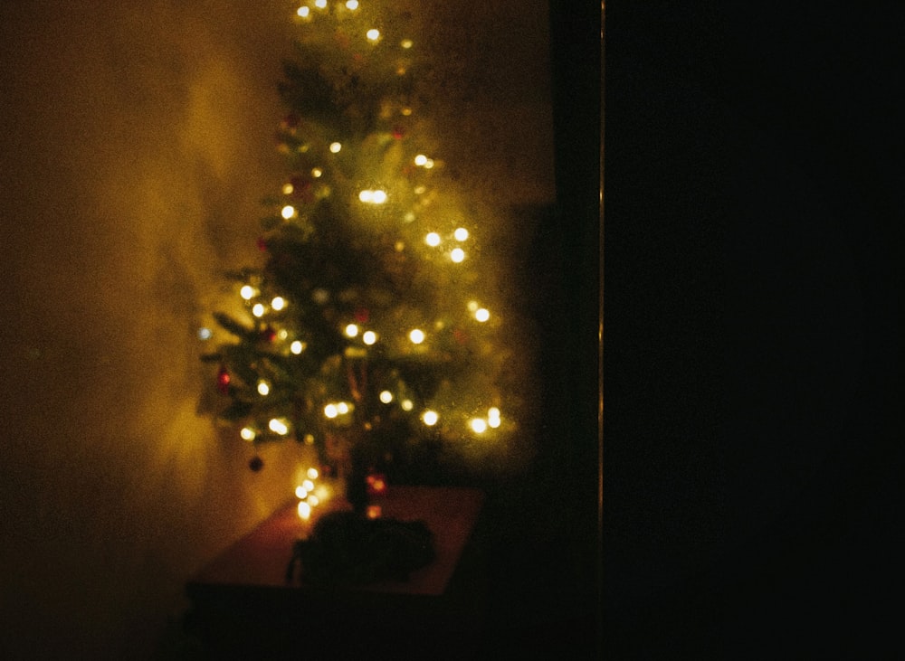 a lit christmas tree in a corner of a room