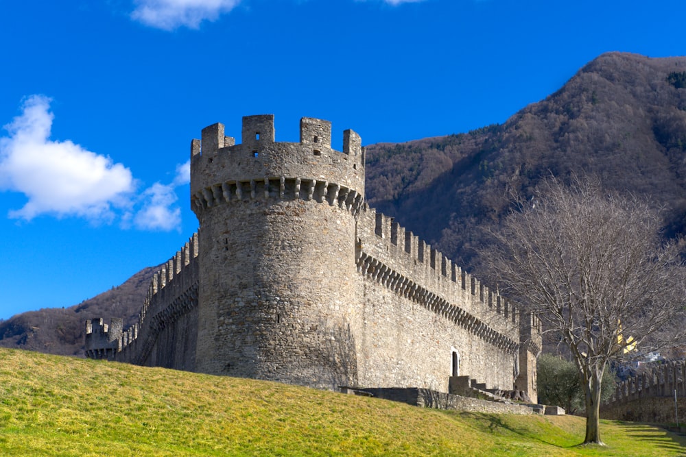 a stone castle with a grassy hill in the background