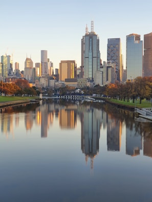 a body of water with a city in the background