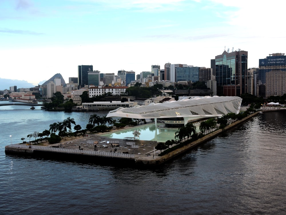 a large body of water with a city in the background