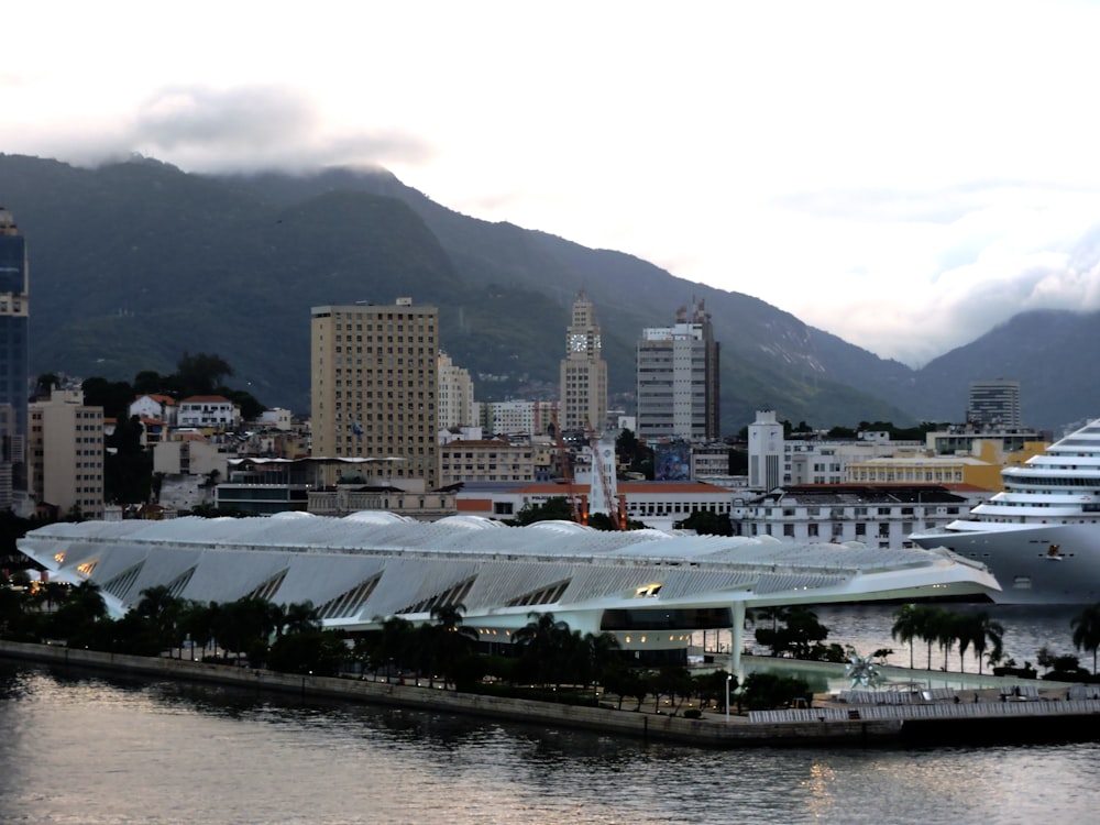 a cruise ship docked in a harbor with a city in the background