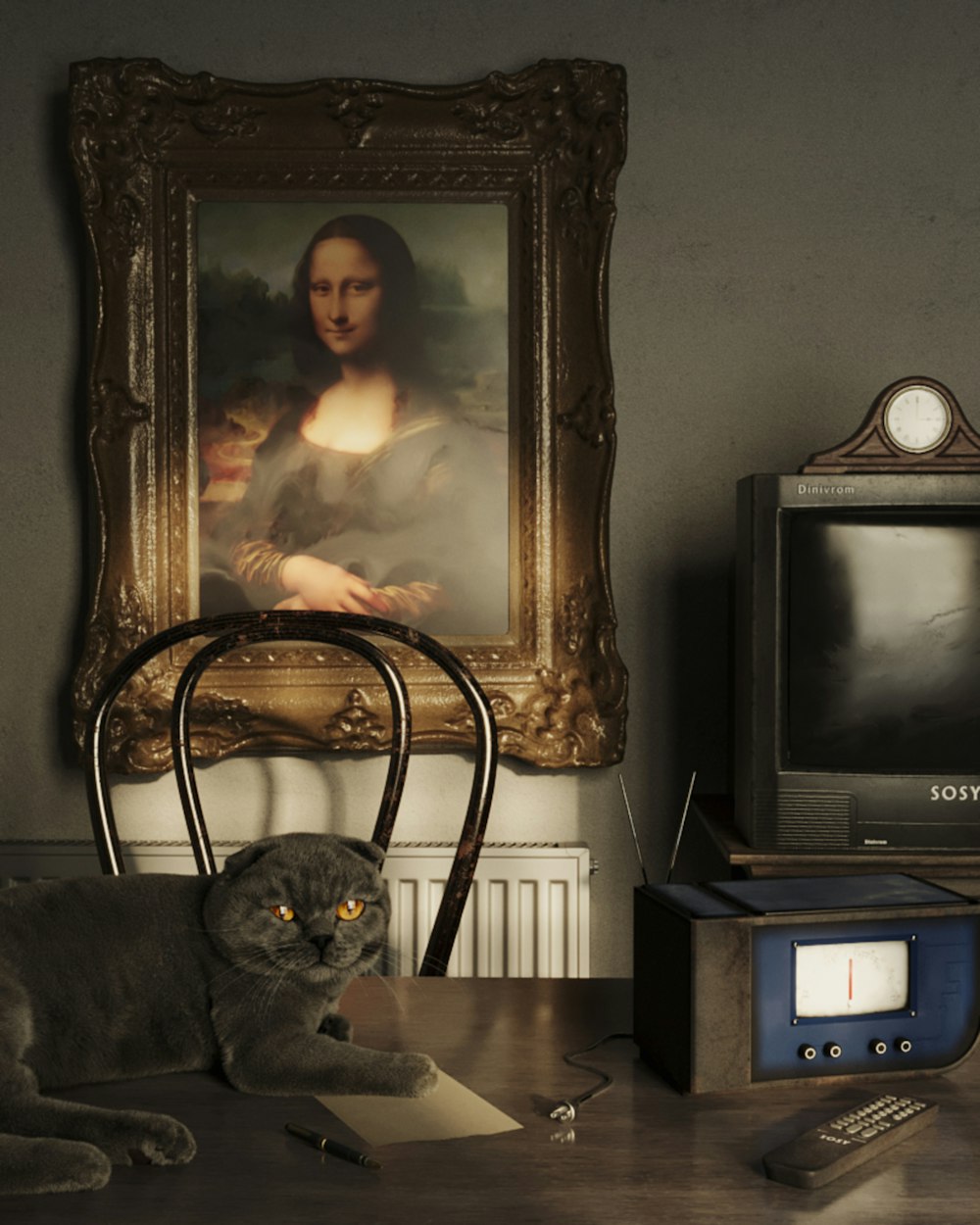 a cat laying on top of a table next to a painting