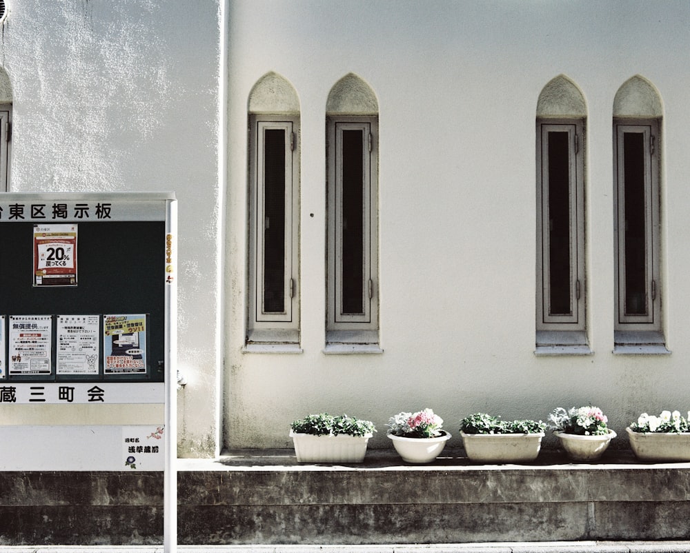 a row of flower pots sitting in front of a building