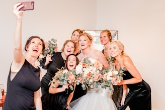 a group of women taking a picture with a cell phone