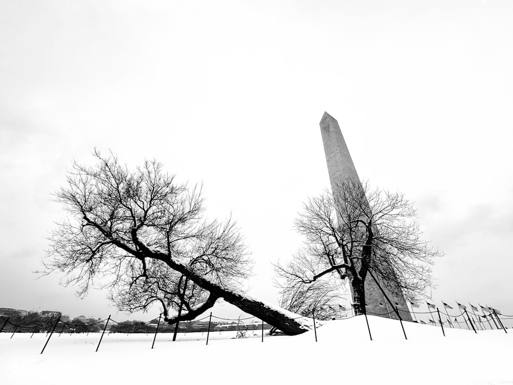 a very tall obelisk in the middle of a snowy field