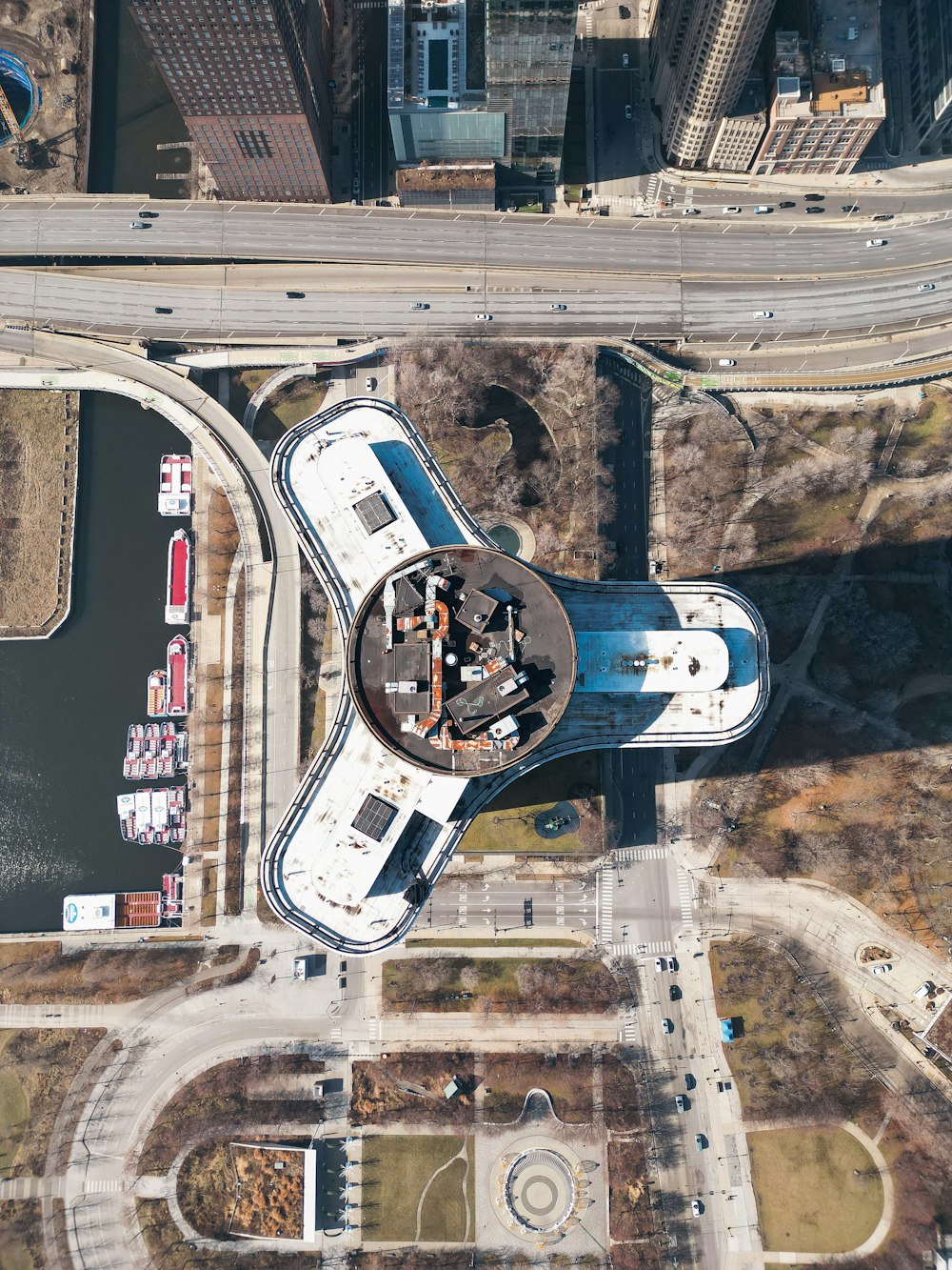 an aerial view of a bridge and a river