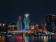 a city skyline at night with a bridge going across it
