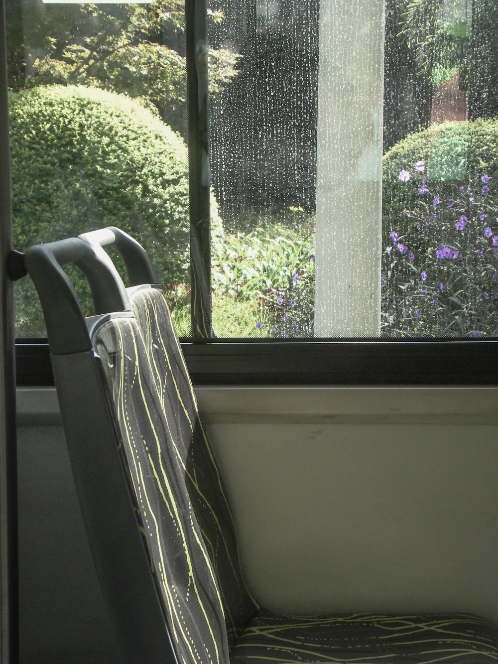 a chair sitting in front of a window next to a bush