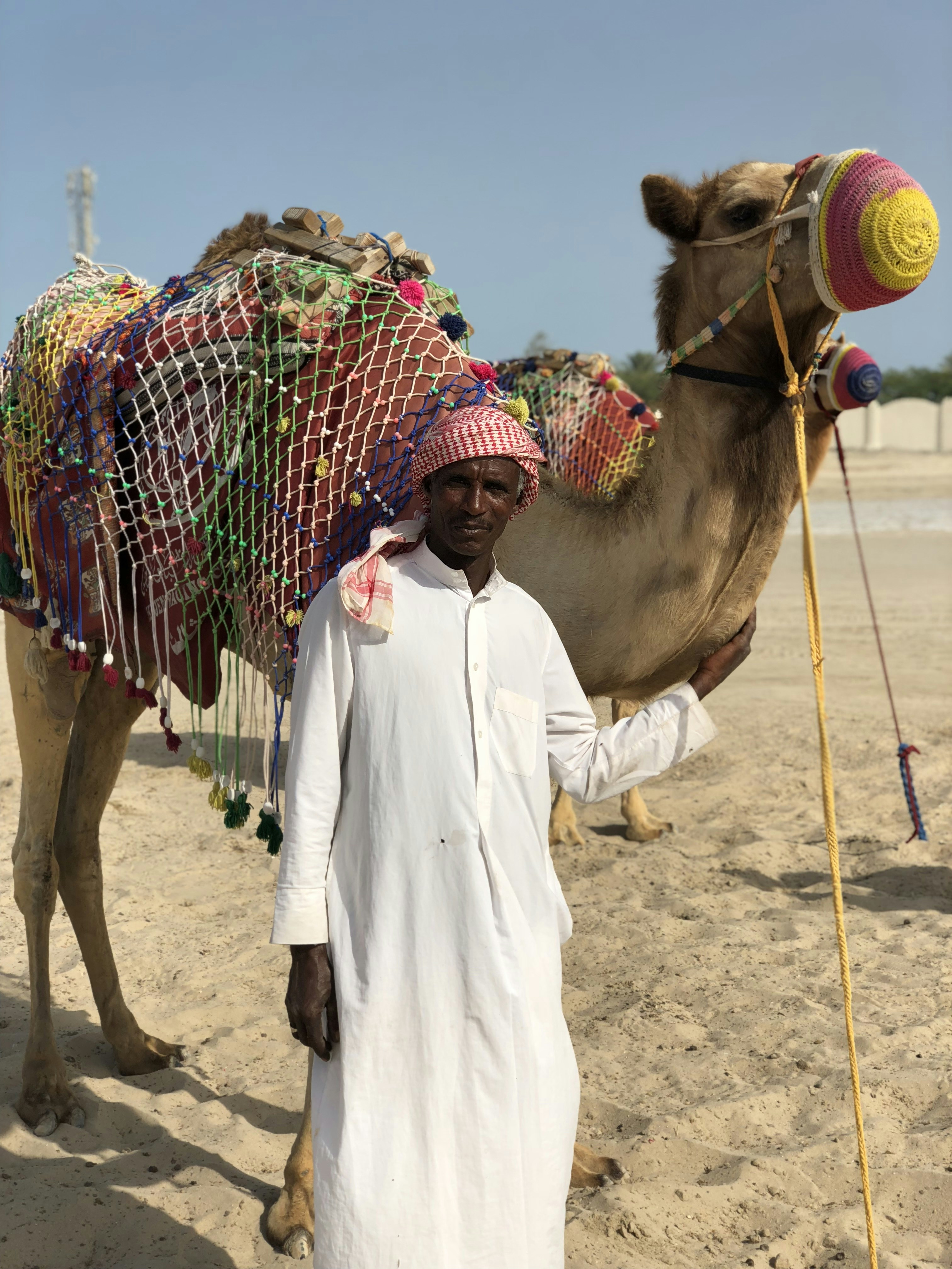 a man is standing in front of a camel