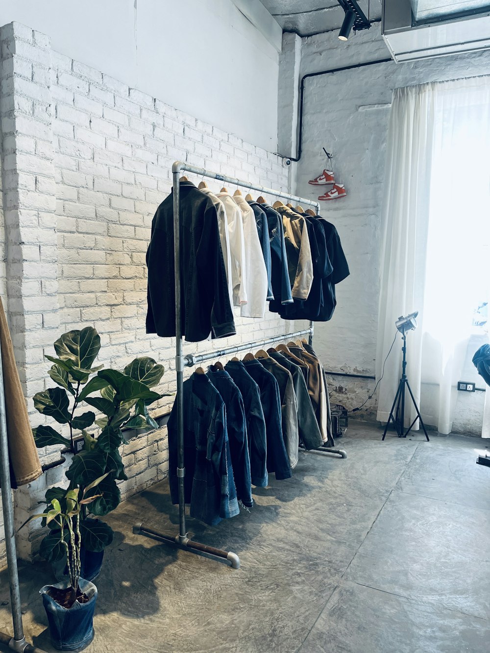 a rack of clothes and a potted plant in a room