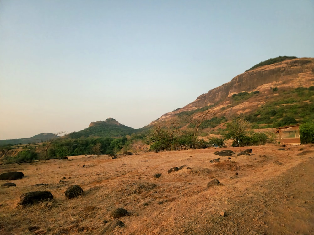 a dirt field with a hill in the background