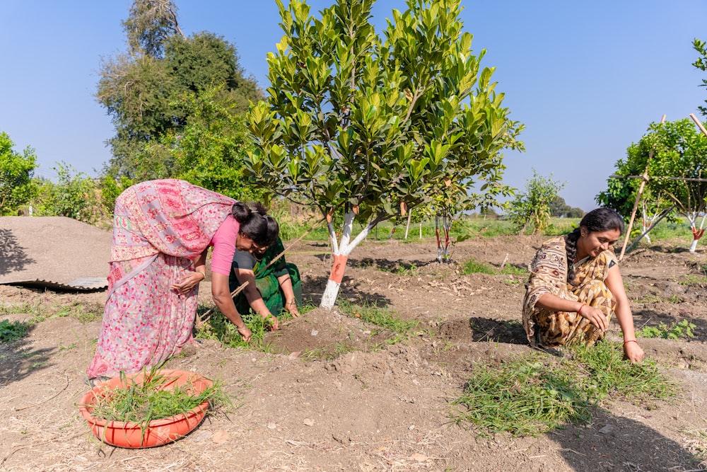 a couple of women kneeling down next to a tree