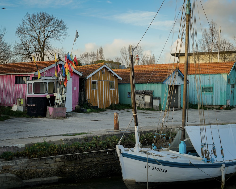 a small boat is docked in a harbor